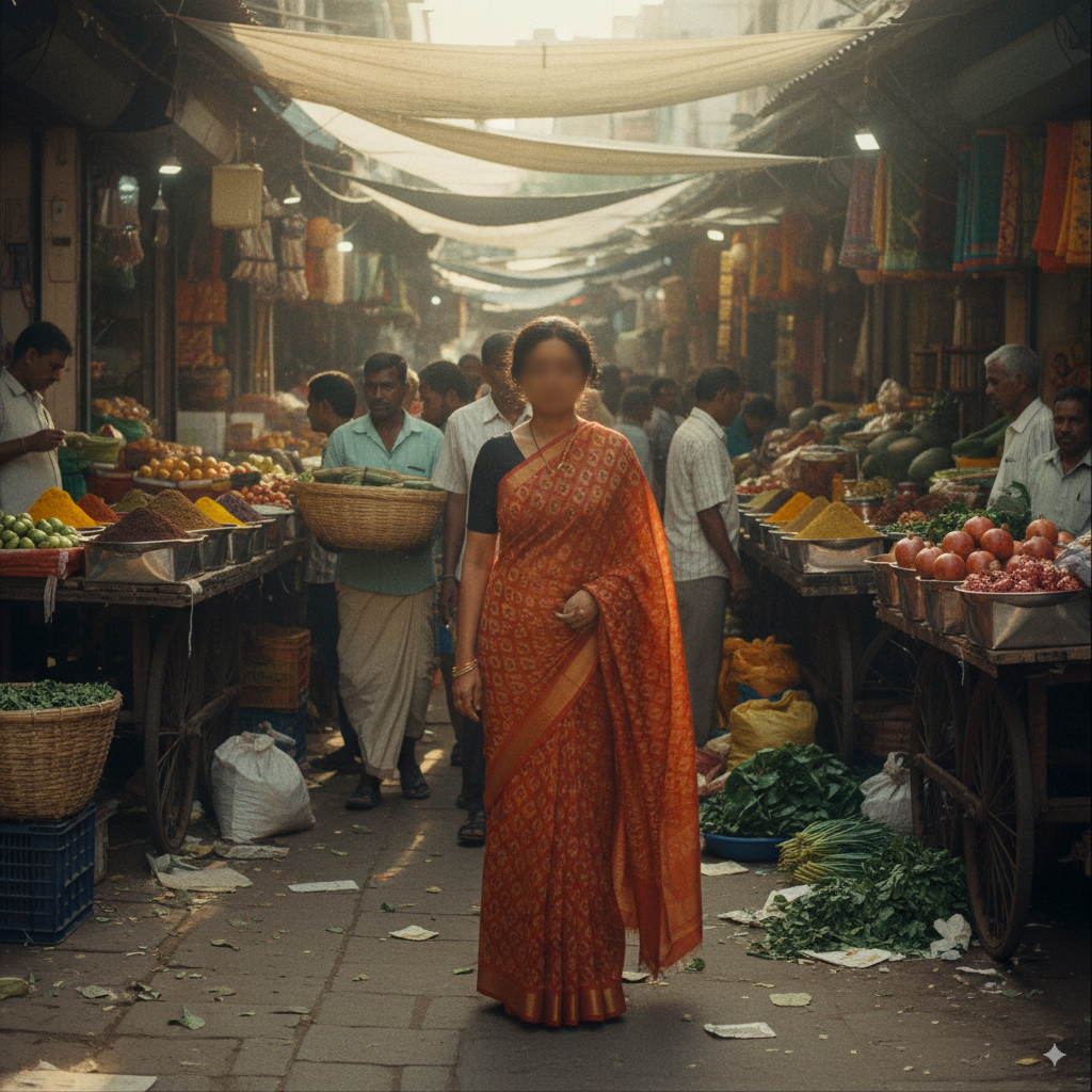  Edit this photo to feature a person in an orange-red geometric-patterned saree at a bustling Indian market,午后 sunlight with subtle grain.